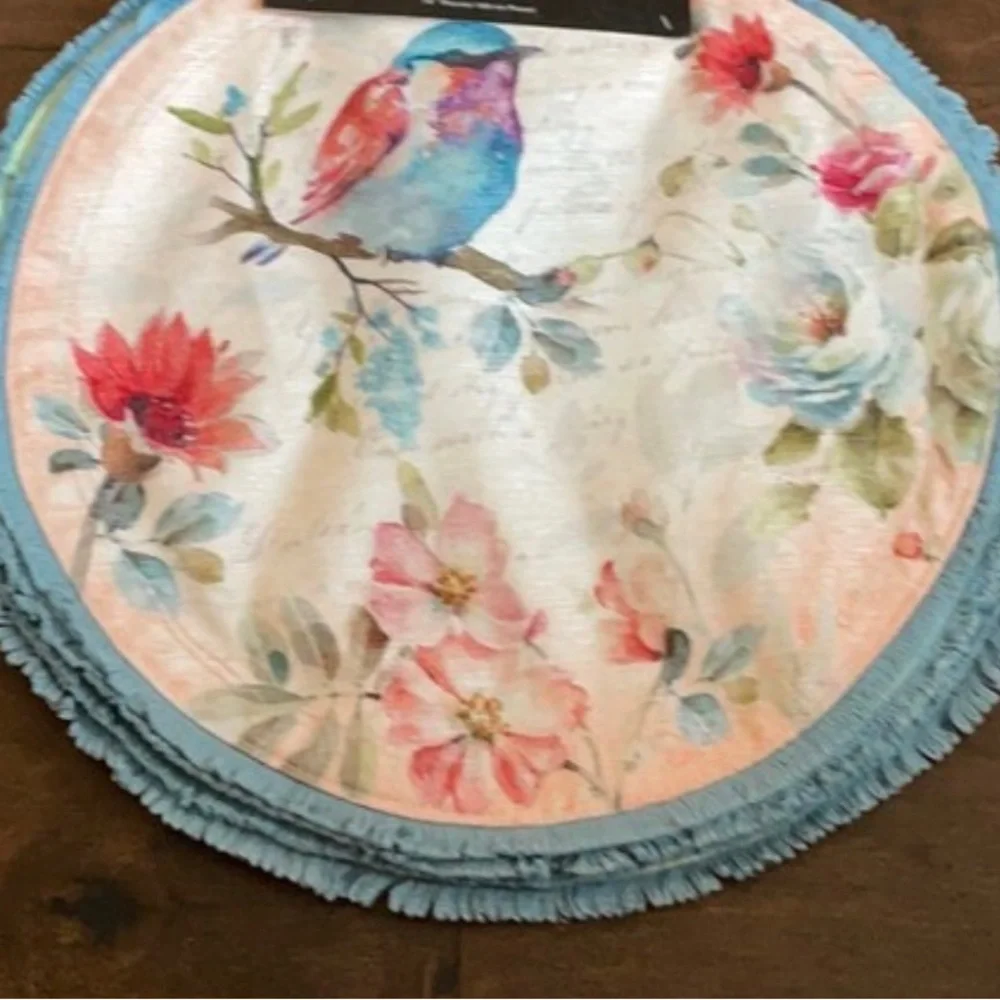 Spring Summer Floral Blue Bird Placemats Set Of 4 Colorful Round